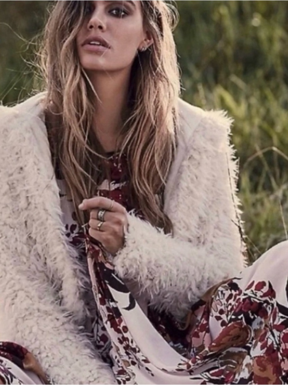 Free People Ivory Shaggy Fluffy Faux Fur Hooded Jacket Size M Bohemian Cottage